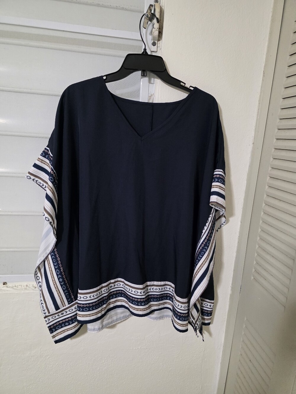 Relaxed Navy V-Neck Tunic with Border-Print Trim